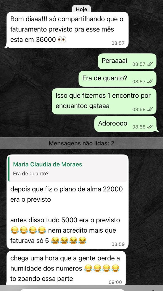 Conversa de cliente com R$36 mil previstos depois do plano de alma